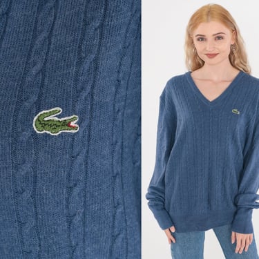 Izod Sweater 90s Lacoste Blue Cable Knit Sweater V Neck Pullover Jumper Retro Basic Preppy Plain Cableknit Acrylic Vintage 1990s Mens Large 