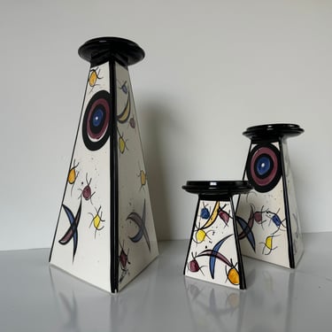 1990s Postmodern - Style  Michael Anthony  Hand Painted Art Ceramic  Candle Holders - Set Of 3 