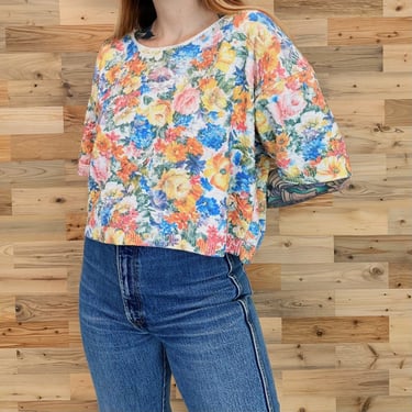 90's Floral Print Cropped Knit Sweater Top 