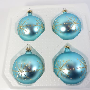 Vintage Turquoise Glass Christmas Ornaments - Soft Turquoise Stenciled Glitter Star Christmas Ornaments 