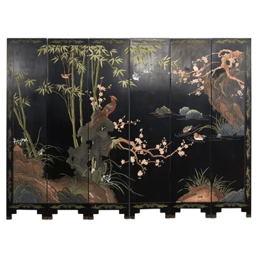 Chinese Export Six Panel Coromandel Screen Bamboo Plum Blossom