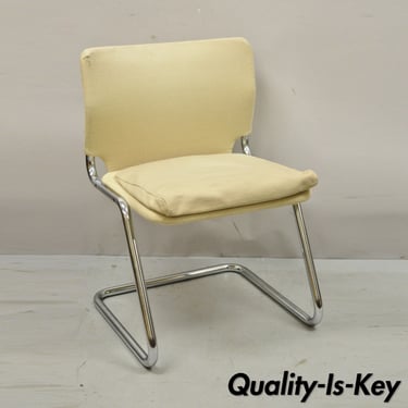Mid Century Modern Tubular Chrome Cantilever Side Chair with Burlap Seat
