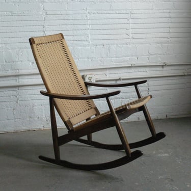 Vintage Hans Wegner Inspired Walnut Rocking Chair with Ottoman 