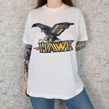 80's The Hawk Vintage Thin Retro White Tee Shirt T-Shirt 