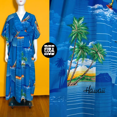 Fabulous Vintage 70s 80s Blue Hawaiian Themed Aloha Caftan Dress 