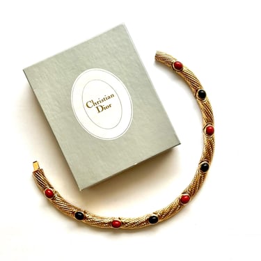 Vintage Christian Dior Cabochon Gripoix Necklace Gold Red Black Choker 