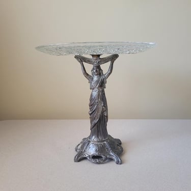 RARE French Art Nouveau cake stand Pewter and glass pedestal plate Vintage fruit vase Footed table centerpiece Collectible home decor 