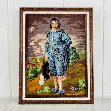 Vintage 1970s Needlepoint, Thomas Gainsborough's "Blue Boy" in Cross Stitch, Large Wood Frame for collectible, Hollywood Regency art, gift 