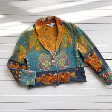 tapestry jacket 90s vintage Sandy Starkman tropical fish novelty print woven cropped coat 