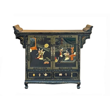 Vintage Chinoiseries Black & Stone Inlay Graphic Credenza Storage Cabinet ws4256E 