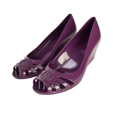 Gucci Vintage GG Logo Grape Purple Peep Toe Rubber Jelly Wedges