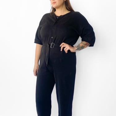 1980s Black Buttoned Belted Sweater Jumpsuit 1X-2X