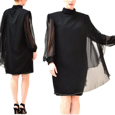 Vintage Black Dress Draped Silk size Large Formal Party // 80s Vintage Black Silk Dress With Rhinestones Size Large 