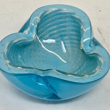 Vintage Murano Glass Ashtray | Attributed to Alfredo Barbini | Turquoise, Blue, Gold | Mid-Century Modern 