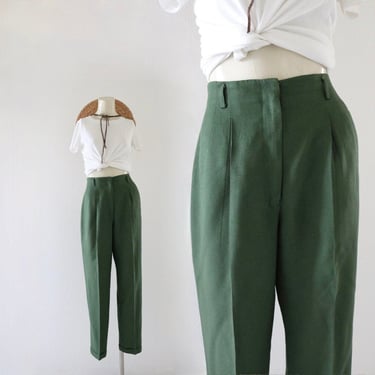 high waist basil trousers - 26.5 - vintage womens 90s y2k green high waist pleat front woven pants slacks 