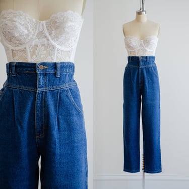 high waisted jeans 80s vintage pleated basque waist jeans denim trousers 