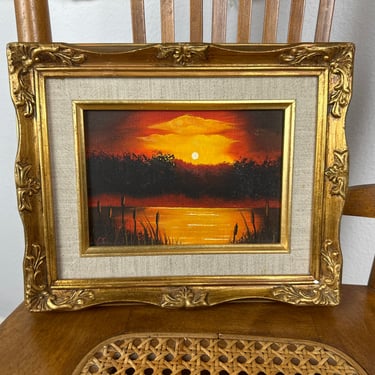 Small Vintage Acrylic Painting Sunset Landscape Trees and Pond 