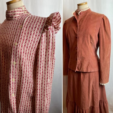 70’s corduroy Skirt blouse & jacket 3 pc set boho hippie cottage prairie suit cinnamon color size Med 