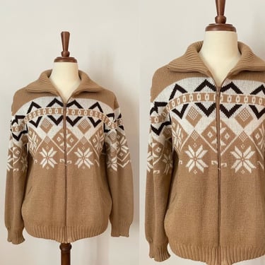 Vintage Cowichan Style Sweater / Tan Brown / Unisex / Zip Up / Pockets / 1980s / FREE SHIPPING 