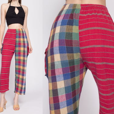 90s Patchwork Plaid Cotton Lounge Pants - Small to Medium | Vintage Boho Elastic Waist Casual Pocket Trousers 