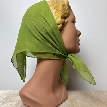 1960’s All Silk Vera Scarf~ sheer crepe silken hand rolled scarves neckerchief bandanna style square~ mossy green color 