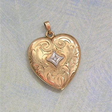 Vintage 1940's 10K Solid Gold Heart Locket With Diamond, 10K Gold Locket, Vintage 10K Gold Sweetheart Locket (#3976) 