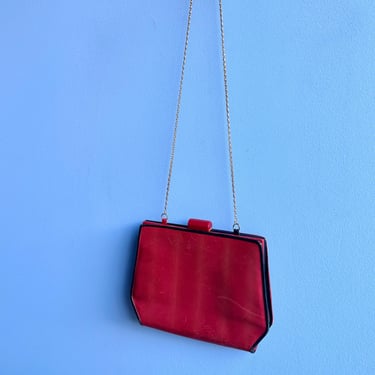 Vintage 1970s Purse / 70s Valentino Two Tone Leather Chain Strap Bag / Red Black 