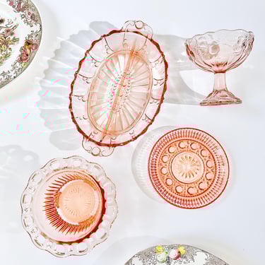 Vintage Blush Pink Depression Glass Plates, Divided Tray, Jewelry Trinket Dish Lace Edge, Pedestal Bowl, Art Deco Regency Decor Gift for Her 