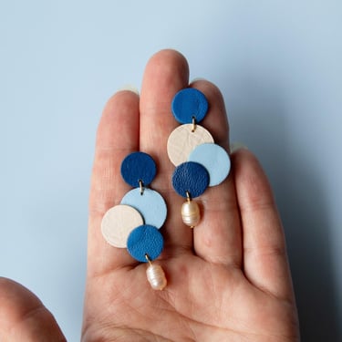 Rounds Layered Circles Earrings in Blue / Indigo - Lightweight & Made from Reclaimed Leather with Freshwater Pearls 