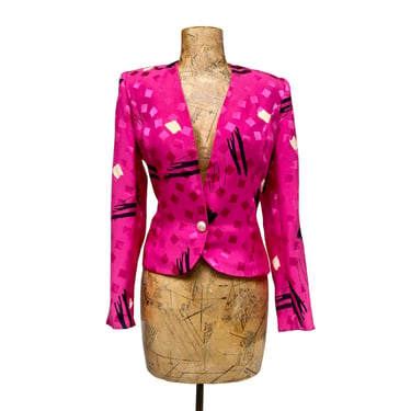 Vintage 1990s Magenta Silk Jacquard Jacket, 90s Fitted Princess Seams w/Abstract Print, Medium, VFG 