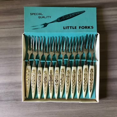 Vintage box of Little Forks celluloid plastic & stainless steel hors d'oeuvre picks, party forks , Mid Century Modern Appetizer Picks 