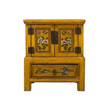 Oriental Distressed Mustard Yellow Flower Birds End Table Nightstand cs7268E 