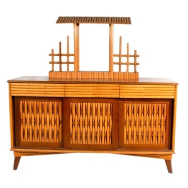 Restored Rattan Credenza Media Console with Woven Front Doors 
