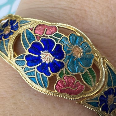 vintage cloisonné cuff 1970s enamel flower clamper bracelet 
