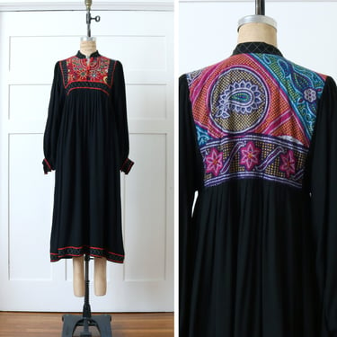 vintage 1970s bohemian hippie kaftan dress • dramatic puff sleeve Indian cotton mirrored embroidered dress 