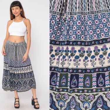 90s Broomstick Skirt Boho Floral Paisley Print Midi Crinkle Skirt Purple Blue Hippie Colorful Festival Vintage 1990s Plus Size 2x 2xl xxl 