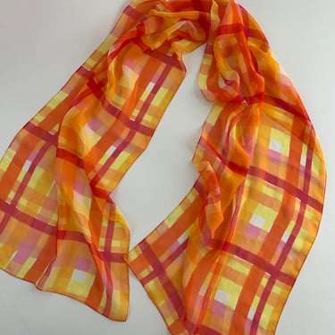 Vintage 80's Sheer Plaid Scarf - Silk Chiffon - Watercolor Plaid with Soft Tones of Orange, Yellow & Pink - X-Long - 15 x 60 inches 