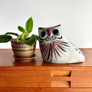 Large vintage Tonala owl / handmade Mexican folk art pottery bird 