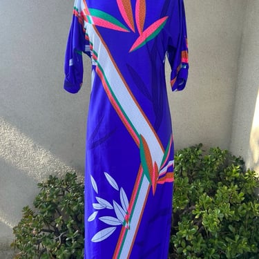 Vintage Hawaiian maxi dress neon floral blue split sleeves XS by Malama Sophisticates 