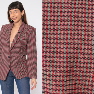 90s Plaid Blazer Jacket Wool Blend Button up Jacket Red Grey Checkered Print Preppy Academia Clueless Retro Vintage 1990s Rampage Small S 