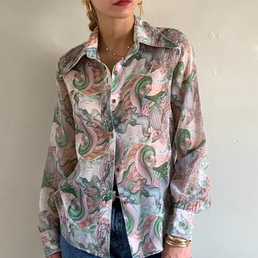 70s voile cotton art nouveau blouse / vintage sheer cotton voile pastel watercolor long pointy collar fairytale boho blouse | Small 
