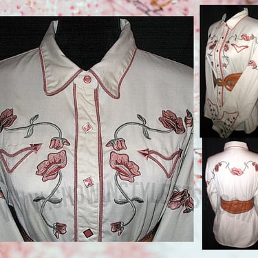 Vintage Retro Women's Cowgirl Western Shirt by Panhandle Slim, Rodeo Queen Blouse, Embroidered Pink Flowers, Size XLarge (see meas. photo) 