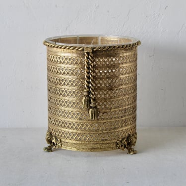 Stylebuilt New York Style Vintage Hollywood Regency Gold Finish Wastebasket Rope Tassel Paw Foot Details 