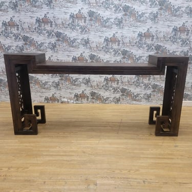 Antique Shanxi Province Elm Carved Side Altar Table with Turned Legs