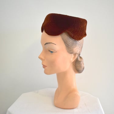 1950s Sally Victor Scalloped Brown Velvet Pillbox Hat 
