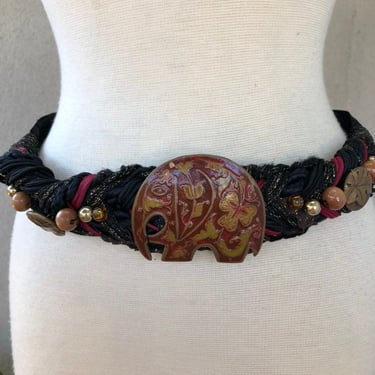 Vintage kitsch boho Metal enamel elephant beaded black brown rope belt fits 31” 