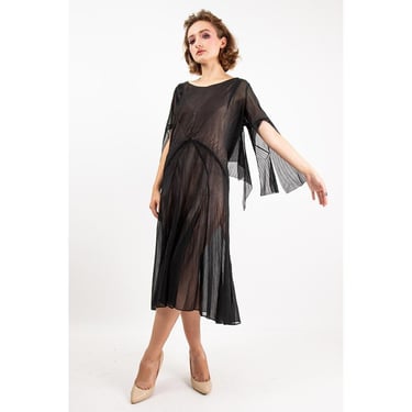 1920s sheer black silk drop waist dress / Vintage antique split sleeve dress with middy collar M 