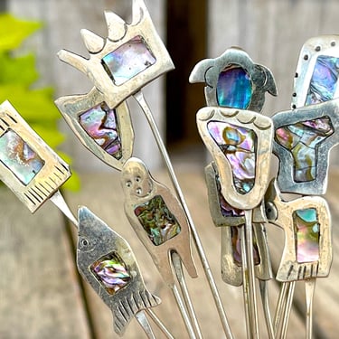 VINTAGE: 12pcs - Mexican Alpaca Silver and Abalone Inlay Cocktail Hors d’oeuvre Fork Picks - Barware, Kitchenware, SKU 15-E1-00015666 