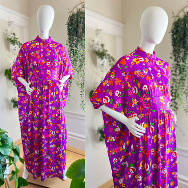 Vintage 1960s 1970s Kaftan | 60s 70s Purple Floral Batwing Hawaiian Dress Psychedelic Full Length Maxi Caftan (x-small to x-large) 