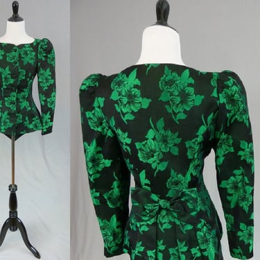80s Formal Jacket - Black Green Floral - Scott McClintock - Pointed Back Hem and Bow - Puff Shoulders - Vintage 1980s - S 